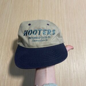 Hooters Indianapolis Downtown Vintage Hat Khaki Navy Blue Headshot KC Caps Mens